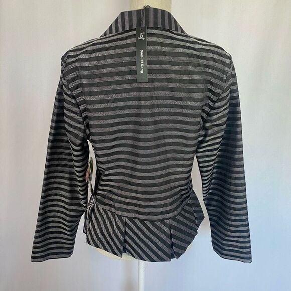 NWT Designer Samual Dong Striped Pleated Peplum Jacket Blazer Black Silver Women - Picture 2 of 14